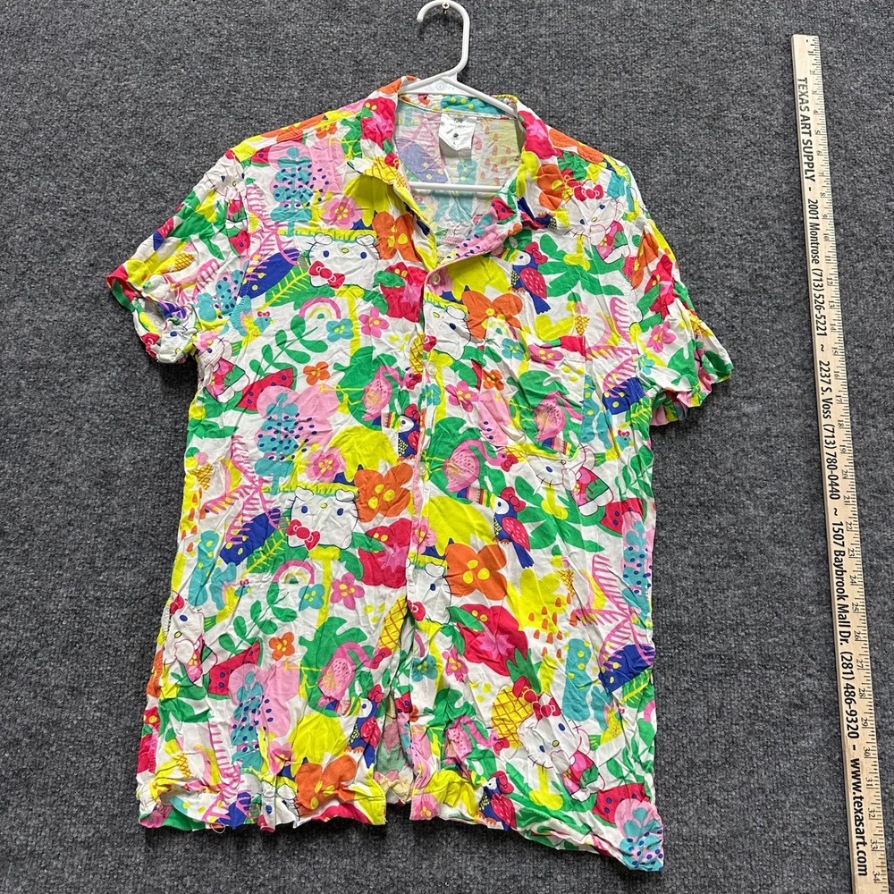 Hello Kitty Button Up Shirt Womens Size L Rayon Tropical Floral Toucan Colorful